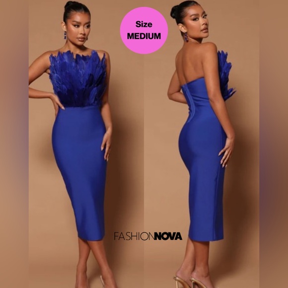 🦚FASHION NOVA LUXE 🦚 Royal Blue Feathered Midi Dress 💙 (Size Medium) - Picture 1 of 13